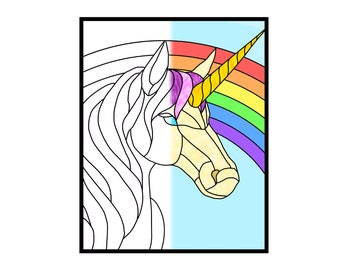 Rainbow Unicorn Stained Glass Printable Colouring Book Page or Stained Glass Pattern prints 8x10 image on 8.5x11 paper PDF