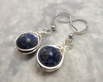 Small Lapis Lazuli Earrings Wrapped in Silver Coloured Wire with Hypoallergenic, Nickel Free Ear Wires