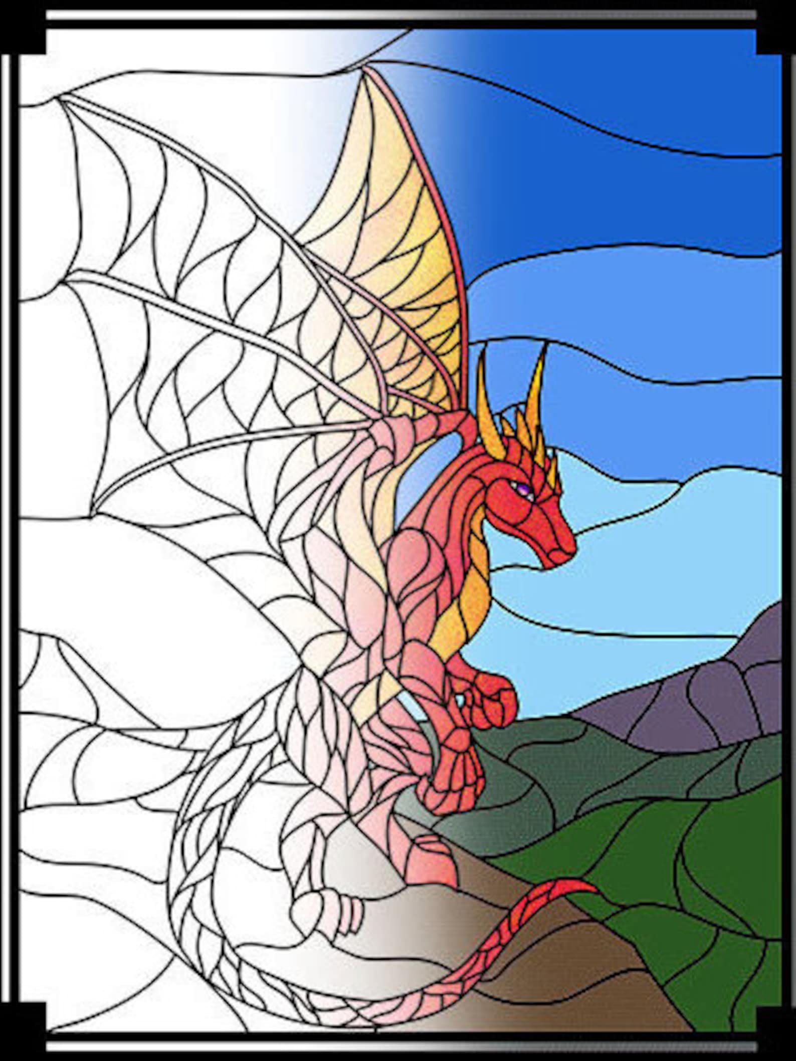 Stained Glass Dragon Adult or Kids Colouring Book Page or Real Stained Glas...