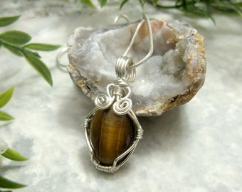 Tiger's Eye pendant, wire wrapped jewelry with silver wire and matching silver snake chain