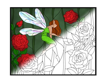 Fairy and Roses printable stained glass pattern colouring book page for adults or kids prints 8x10 image on 8.5x11 paper