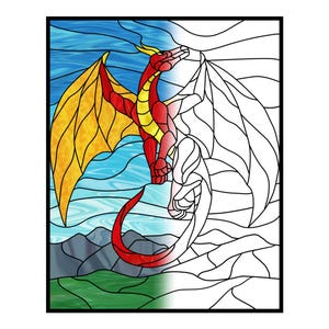 May include: A stained glass design of a red dragon with yellow wings against a blue and white background. The dragon is shown in full flight with its wings spread wide. The design is outlined in black and the dragon's scales are shown in detail.