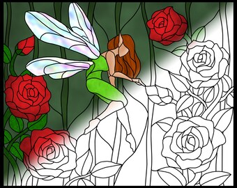 Fairy and Roses printable stained glass pattern colouring book page for adults or kids prints 8x10 image on 8.5x11 paper