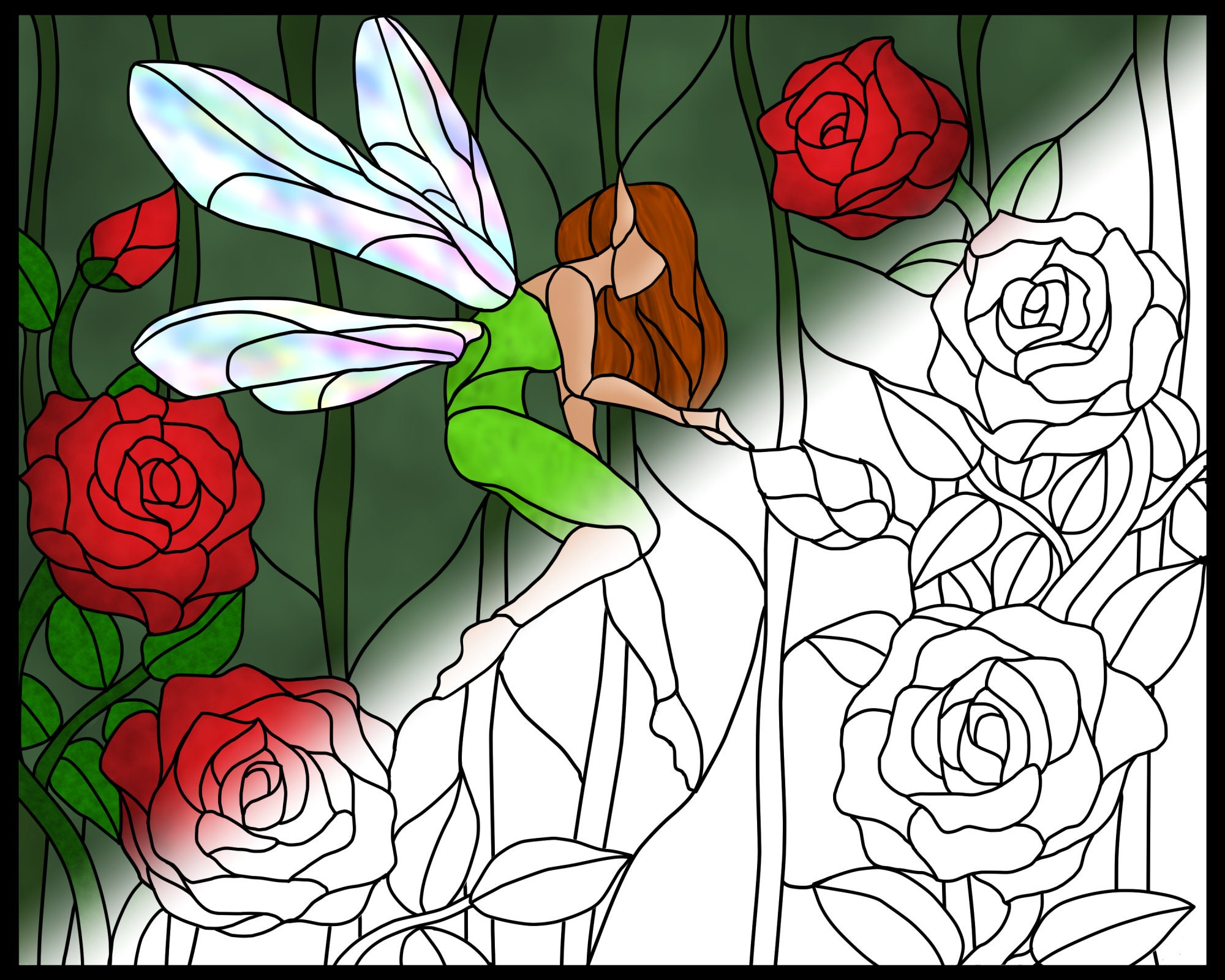 Fairy and Roses Printable Stained Glass Pattern Colouring Book Page for ...