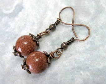 Sparkling Dangle Earrings made with Copper Wire, Goldstone Beads and Leaf Bead Caps