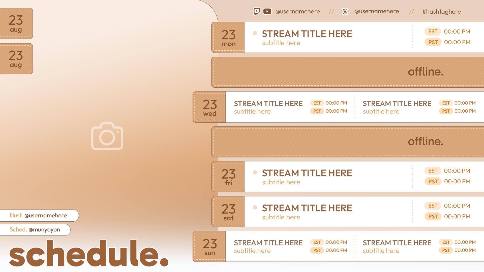 Simple Brown Stream Schedule Template | Vtuber / Streamer Weekly ...