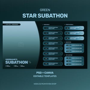 May include: A teal and green Star Subathon template with editable fields for goals, incentives, and top gifters. The design includes the text "Green Star Subathon" and "Username's Subathon". The template is available in PSD and Canva formats.