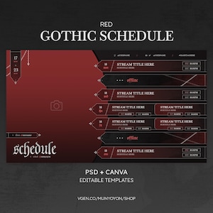 May include: A digital schedule template featuring a dark red and black color scheme with gothic-style typography. The layout includes placeholders for stream titles, subtitles, dates, and times, decorated with chain graphics and cross icons.