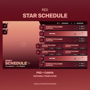 Peut inclure: Modèle numérique rouge et rose pour un emploi du temps hebdomadaire, avec le texte « RED STAR SCHEDULE ». La conception comprend des sections pour les titres de flux, les sous-titres et les créneaux horaires, avec des dates du 1er au 7 février. Le modèle est disponible aux formats PSD et Canva.