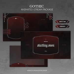 Puede incluir: Un paquete de streaming animado en rojo oscuro y negro con marcos y botones de estilo gótico. El texto incluye GOTHIC ANIMATED STREAM PACKAGE, chat, ABOUT ME, CREDITS y starting soon. El diseño incorpora motivos de cadenas y cruces.