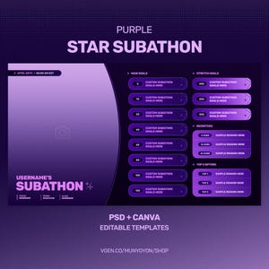 Könnte beinhalten: Eine violette Star Subathon-Vorlage mit editierbaren Textfeldern für Ziele, Anreize und Top-Geber. Das Design enthält einen Foto-Platzhalter und den Text "PSD + CANVA EDITABLE TEMPLATES".