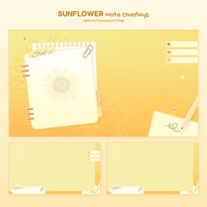May include: A digital graphic set titled SUNFLOWER Note Overlays featuring yellow-toned backgrounds with grid patterns, sunflower line art, a spiral-bound notepad with a Chat label, a paperclip, a pencil, and small rectangular list boxes.
