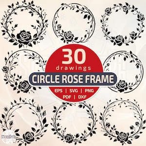 30 marcos circulares de rosas y guirnaldas florales botánicas para invitaciones de boda.