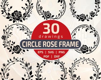 30 marcos florales de rosas, paquete de arte lineal de corona redonda para grabar e imprimir, borde botánico vintage, SVG, EPS, DXF, PNG, PDF