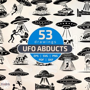 Puede incluir: Dibujos en blanco y negro de OVNIs abduciendo personas, vacas y coches. La imagen incluye el texto "53 dibujos UFO Abducts" y opciones de tipo de archivo: EPS, SVG, PNG, PDF y DXF.