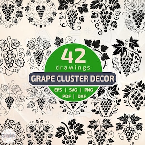 May include: A selection of 42 black and white grape cluster drawings. The designs feature different styles of grapes and leaves, with the text "GRAPE CLUSTER DECOR" and file format options.