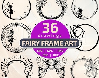 Fairy silhouettes in round frames: vector graphics for laser engraving, wood burning & home decor