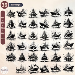 Modern Warship Stencil Clipart Set | Stylized Naval Vessel Silhouettes | Minimalist Military Ship Graphic Art for Design