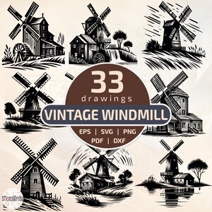 Rustic windmill SVG bundle, vintage farmhouse DXF for laser engraving, old country mill silhouette, scenery landscape stencil, glowforge cut