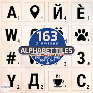 Puede incluir: Azulejos del alfabeto con varias letras, números y símbolos. La imagen incluye el texto "163 dibujos" y "ALPHABET TILES". Los azulejos están dispuestos en una cuadrícula, sobre un fondo neutro.