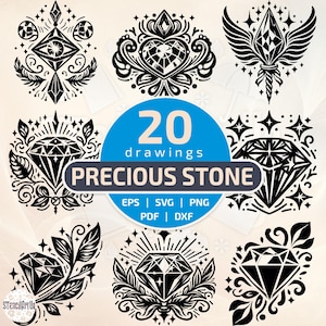 Pode incluir: Uma coleção de 20 desenhos de pedras preciosas em preto e branco. Os designs incluem diamantes, corações e outras formas ornamentadas. O texto na imagem diz "20 desenhos PRECIOUS STONE" e lista os formatos de arquivo EPS, SVG, PNG, PDF e DXF.