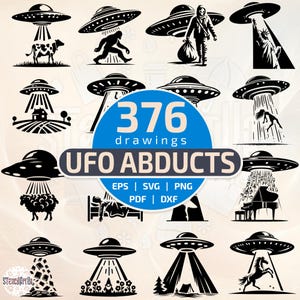 Pode incluir: Ilustrações em preto e branco de OVNIs abduzindo vários assuntos, incluindo uma vaca, Bigfoot e a Estátua da Liberdade. A imagem inclui o texto "376 desenhos UFO Abducts" e opções de tipo de arquivo.