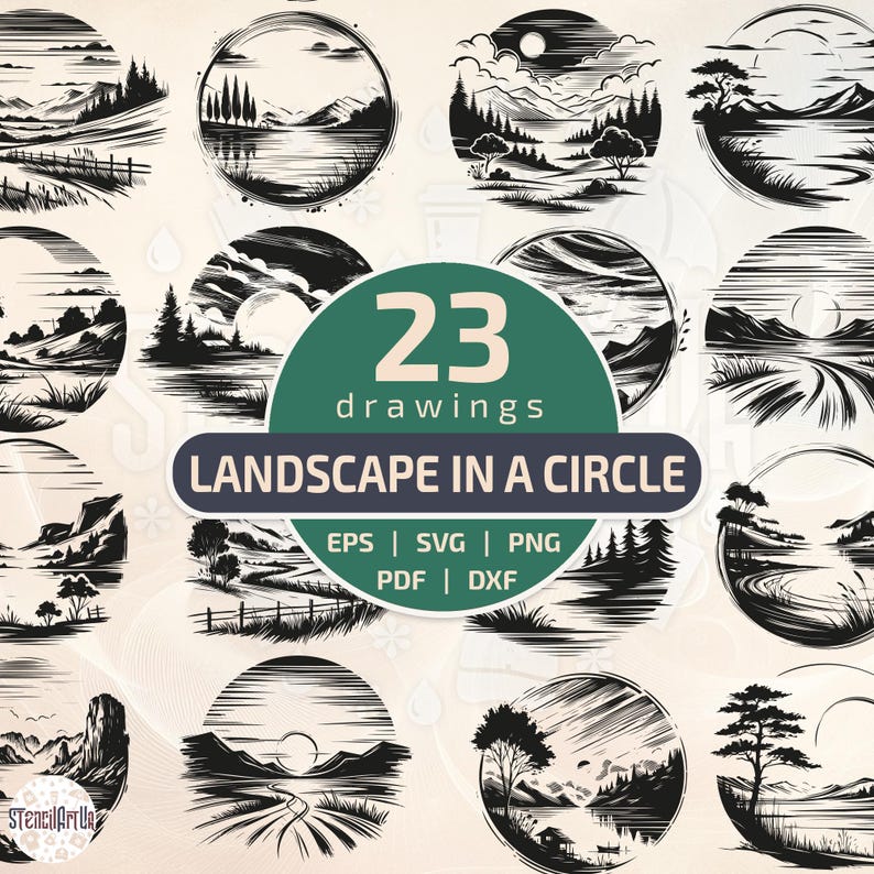 Landscape Vector Round Round Landscape Stencil Clipart: Monochrome Nature Vector Set (digital ...
