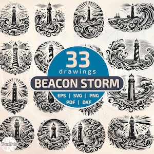May include: A collection of 33 black and white lighthouse drawings in various styles, set against swirling waves and radiating light. The text "BEACON STORM" and file format options are also displayed.