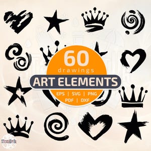 Art elements bundle, 60 brush stars, hearts, crowns and scrolls in svg, eps, dxf, png, pdf