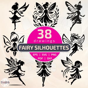 Detailed fairy silhouettes collection, magical fantasy elven artwork, whimsical pixie stencils, mystical glass engraving design art