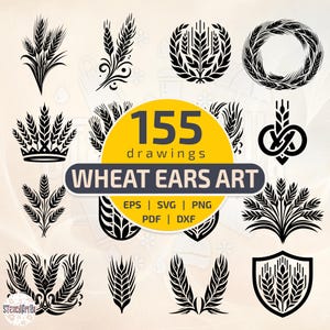 Peut inclure: Une collection de 155 dessins d'épis de blé noirs, comprenant des couronnes, des couronnes et des arrangements stylisés. Le texte de l'image indique "WHEAT EARS ART" et précise les formats de fichiers : EPS, SVG, PNG, PDF et DXF.