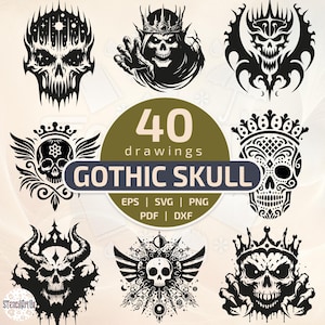 40 Mystical Skull Tattoo Flash, Esoteric Skeleton Svg Dxf Eps Png Pdf Pack