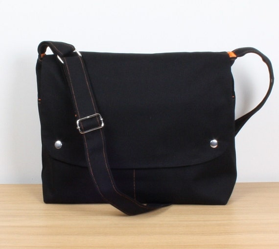 Men Messenger / Black Canvas / Orange Lining / Adjustable Etsy