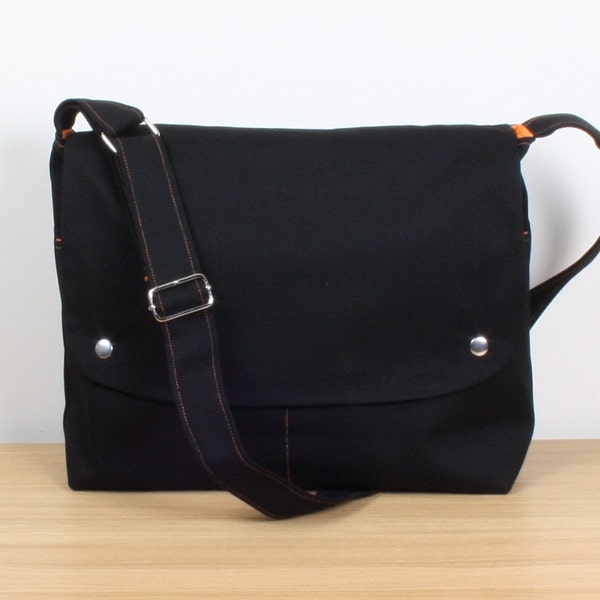 Men Messenger / Black Canvas / Orange Lining / Adjustable strap / Women Messenger / Travel Bag / BLACK CITY..