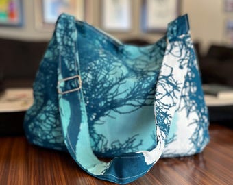 Teal messenger Bag, Artistic Print Shoulder Bag, Lightweight Fabric Bag, Everyday Slouchy Bag, Unique Gift