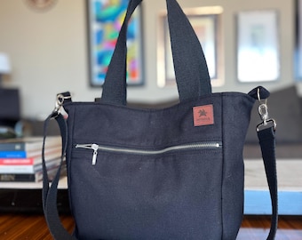 Black Canvas Tote Bag, Minimalist Crossbody Bag, Lightweight Everyday Shoulder Bag, Cotton Lined Bag with Zipper Pocket, Adjustable Strap