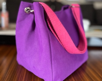 Handmade Purple Canvas Shoulder Bag – Pink Strap Cotton Tote