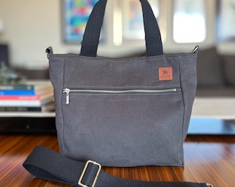 Gray Canvas Tote Bag, Minimalist Crossbody Bag, Lightweight Everyday Shoulder Bag, Cotton Lined Bag with Zipper Pocket, Adjustable Strap