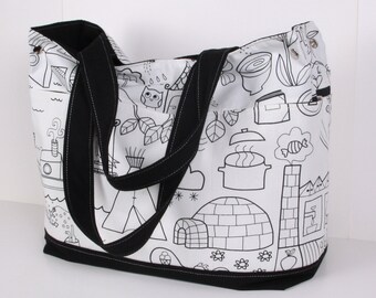 Handmade Cotton Diaper Tote Bag – Large Capacity, Hand-Drawn Design