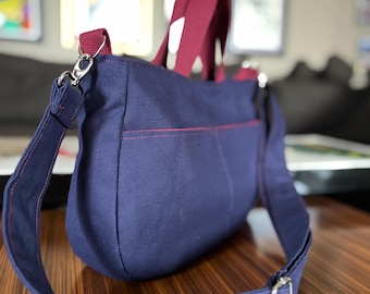 Handmade Navy Canvas Crossbody Bag, Burgundy Accents, 8 Pocket Shoulder Bag