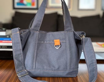 Blue-Grey Canvas Tote Bag, Orange Lining, Removable Crossbody Strap, Small Everyday Organizer