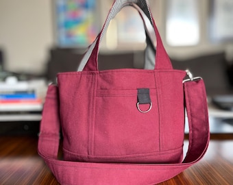 Burgundy Canvas Tote Bag, Black Lining, Removable Crossbody Strap, Small Everyday Organizer