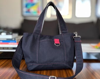 Black Canvas Tote Bag, Burgundy Lining, Removable Crossbody Strap, Small Everyday Organizer