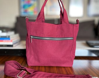 Handmade Burgundy Canvas Tote Bag, Zipper Pocket, Crossbody Strap