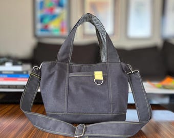 Grey Canvas Tote Bag, Yellow Lining, Removable Crossbody Strap, Small Everyday Organizer