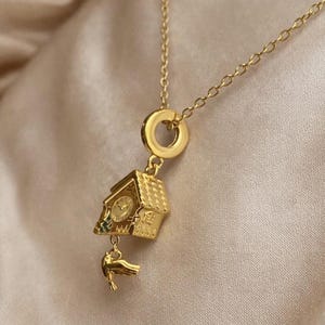 Opening Cuckoo Clock Necklace | 18K Gold Stainless Steel Tarnish-Resistant | Dainty Gold Necklace | Jewelry Gift | Articulated Charm