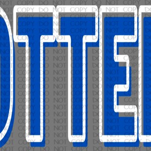 May include: A blue and white graphic with the word "POTTERS" in bold, outlined letters.
