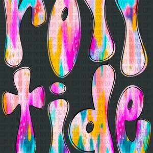 May include: Roll Tide graphic with a tie-dye pattern in shades of pink, blue, yellow, and white. The letters are outlined in black.