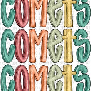 Op de afbeelding: Drie rijen van het woord "Comets" in een kleurrijke, handgeschilderde stijl. De letters zijn in tinten turquoise, rood, oranje, geel en groen.