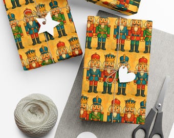 Papel de embrulho natalino retrô com quebra-nozes, ideal para presentes de Natal.